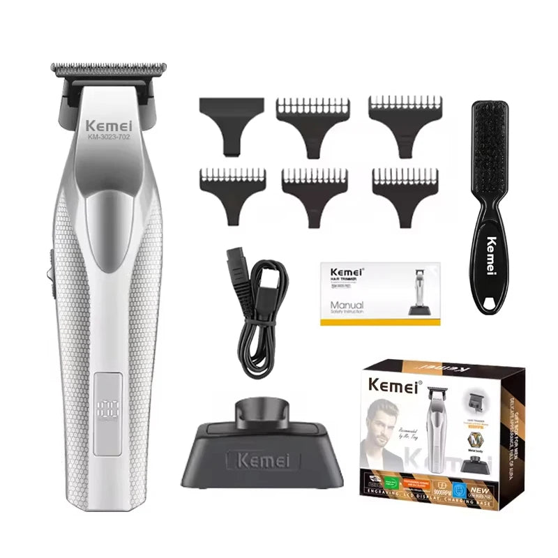 A set of KeMel professional rechargeable hair trimmers and accessories including various guard attachments and a charging cab