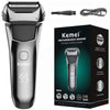 A black Kemei rechargeable shaver shown next to its charging cable and packaging box.