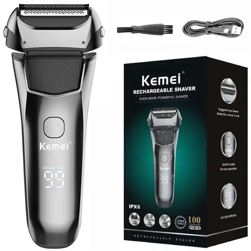 A black Kemei rechargeable shaver shown next to its charging cable and packaging box.