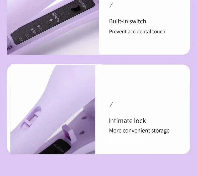 Close-up view of a purple electric curling iron with a built-in switch and an intimate lock feature.