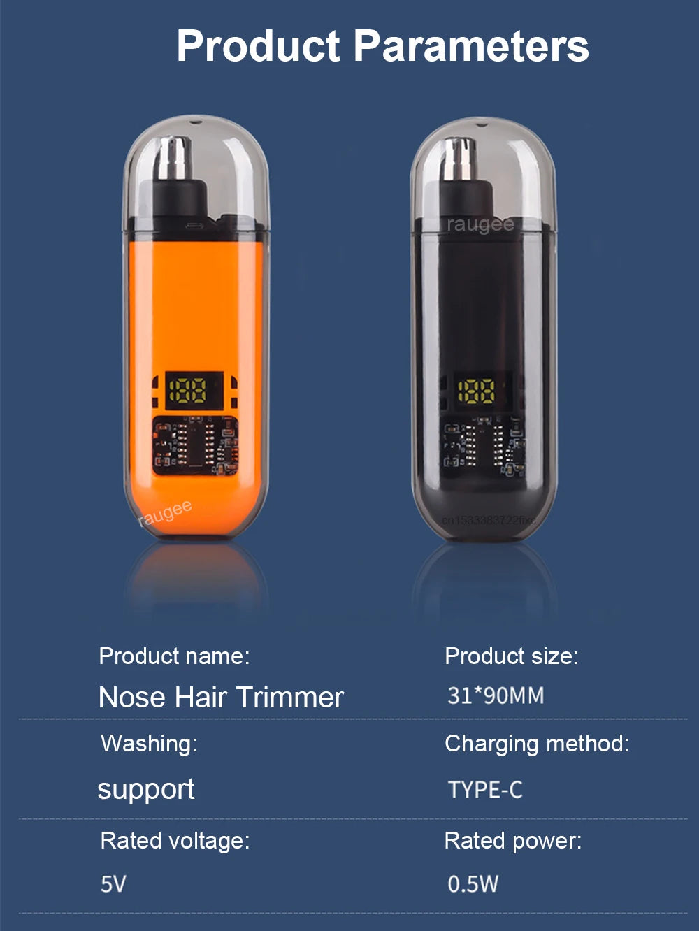 Nahaufnahme eines orange-schwarzen wiederaufladbaren Nasenhaartrimmers mit technischen Daten.