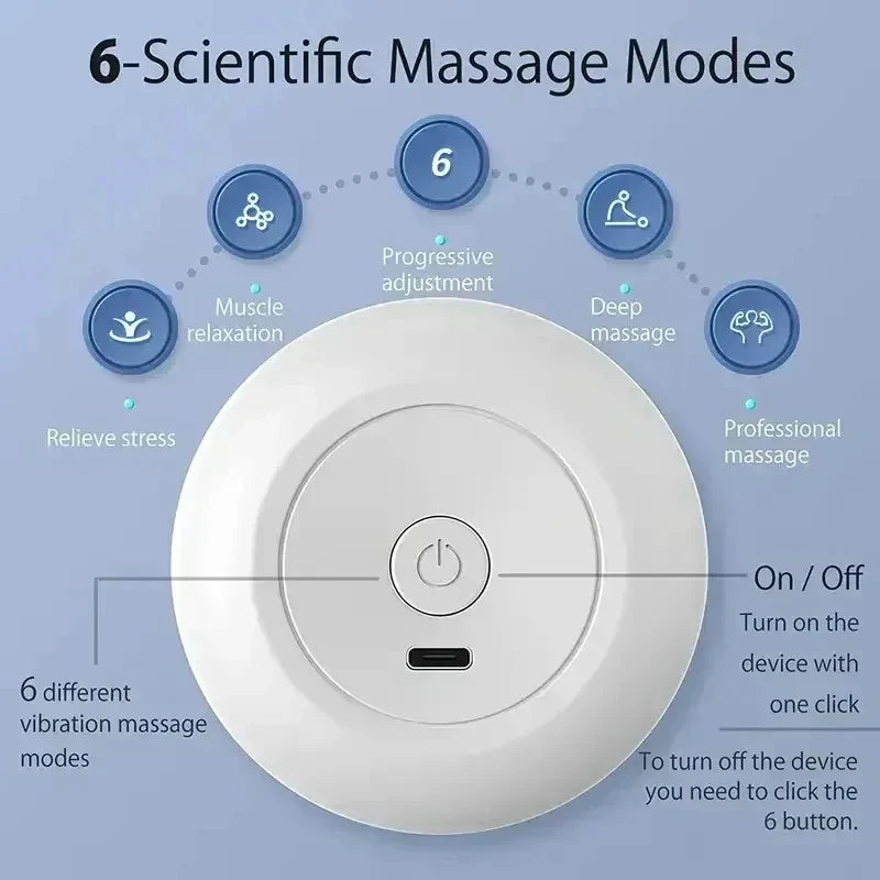 A white portable massage device showing six scientific massage modes and power controls.