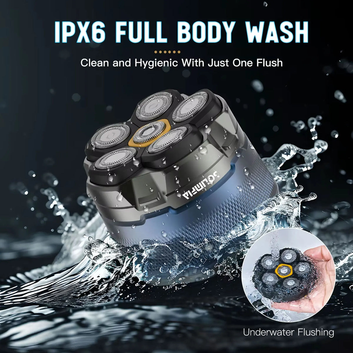 A precision electric shaver is shown being washed under water for cleaning and hygiene.