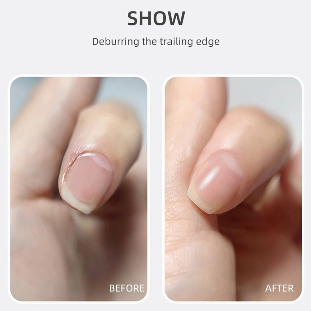 Before and after comparison showing the effect of a Tungsten Carbide nail drill bit on a fingernail.