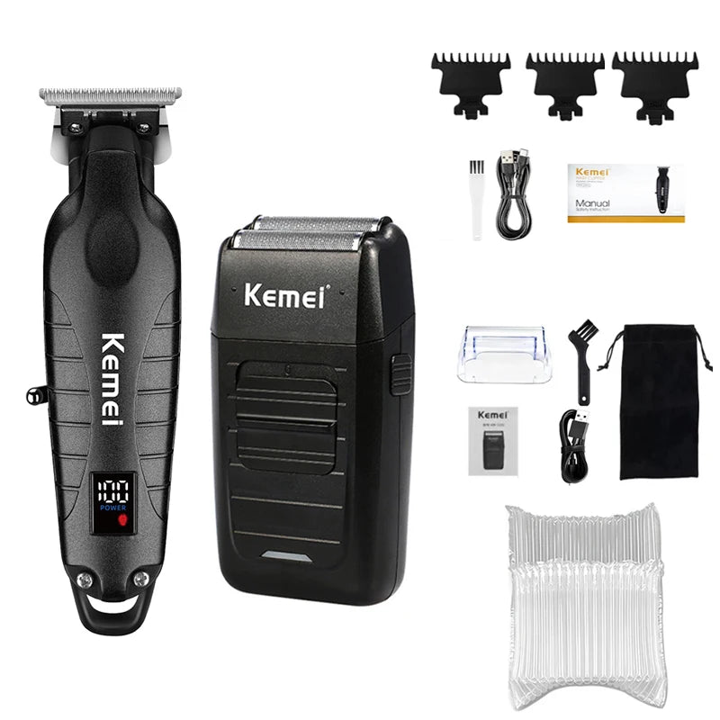 A black electric hair clipper kit showing the main unit, various attachments, and a manual.