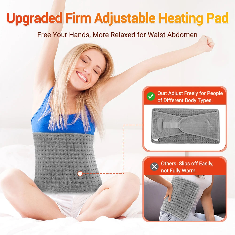 A woman is using an upgraded firm adjustable heating pad on her waist abdomen for relaxation.