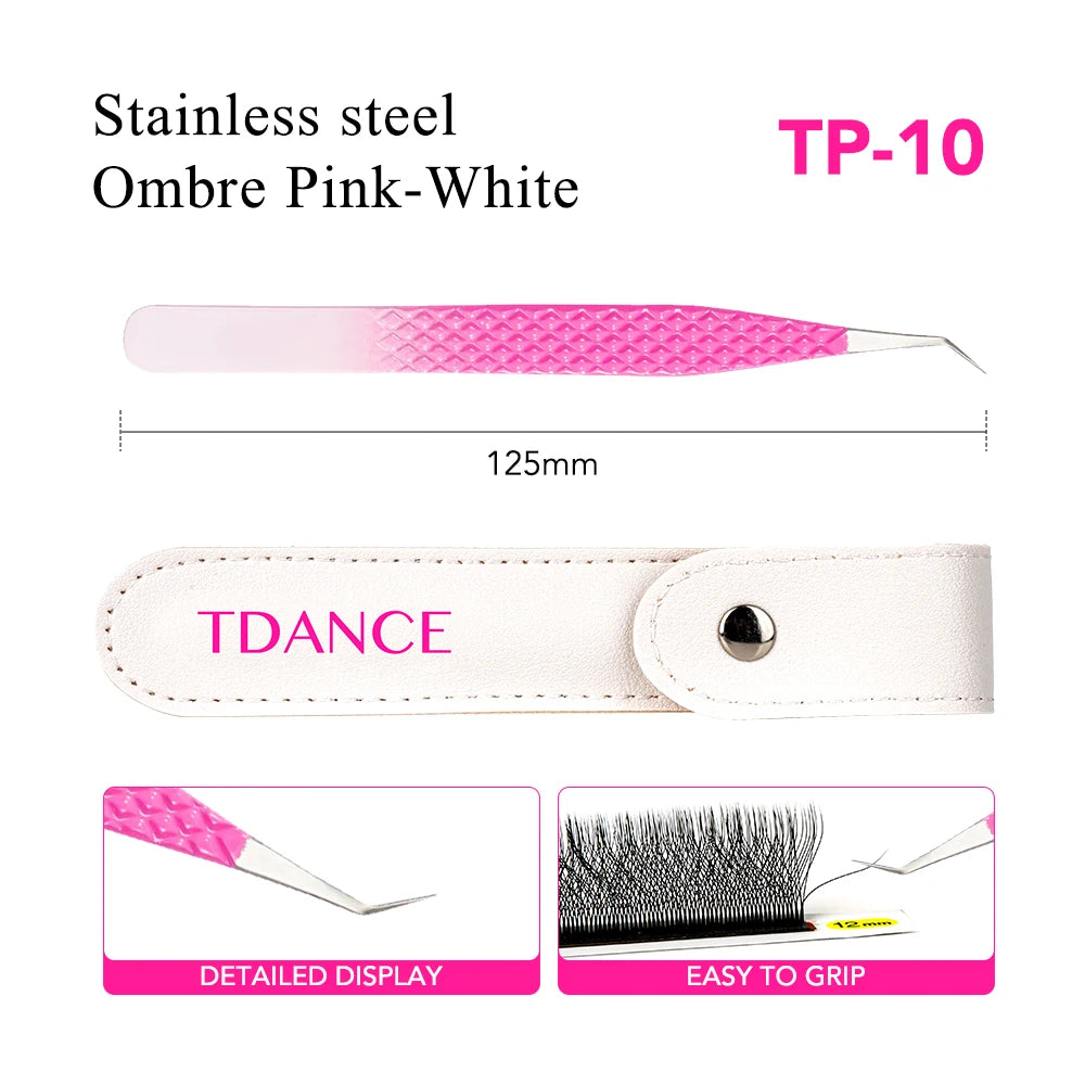 Pince à cils en acier inoxydable ombre rose-blanc avec grip coulissant et affichage détaillé.