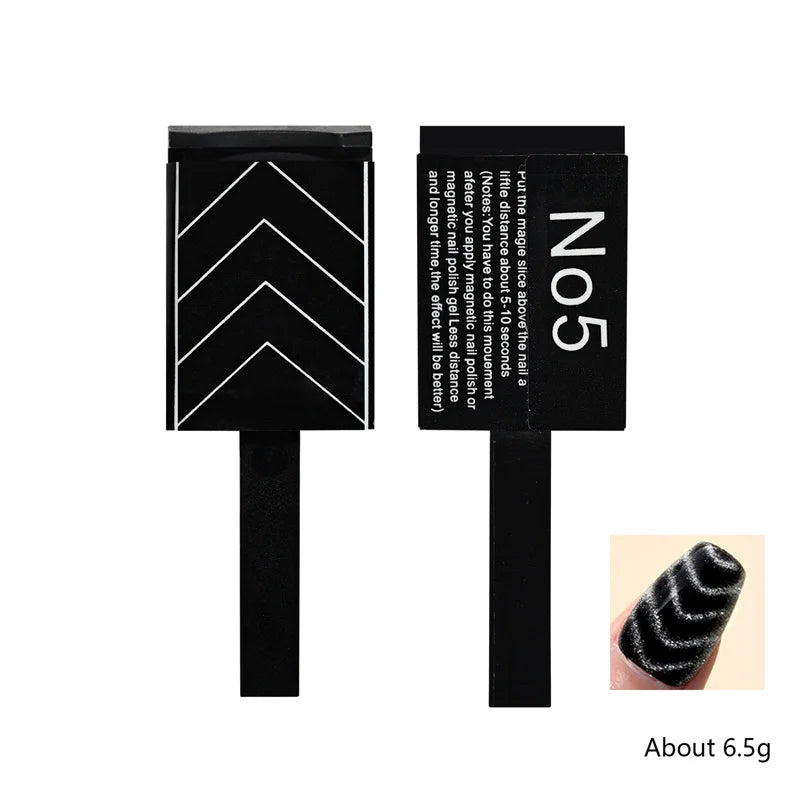 A black nail magnet wand set with a No. 5 design and a black nail shown next to a hand.