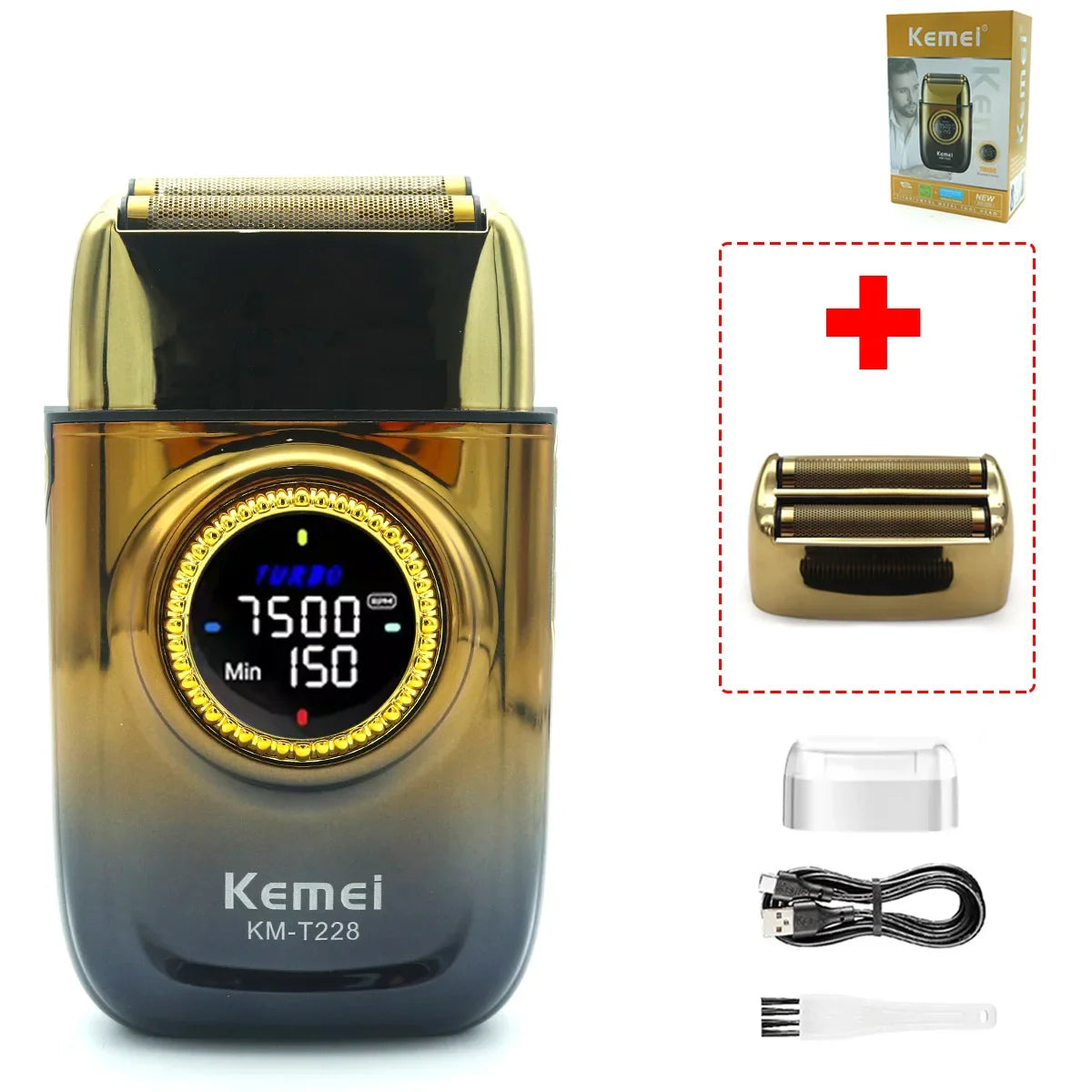 A Kemel KM-T228 electric shaver in gold and black packaging with accessories.