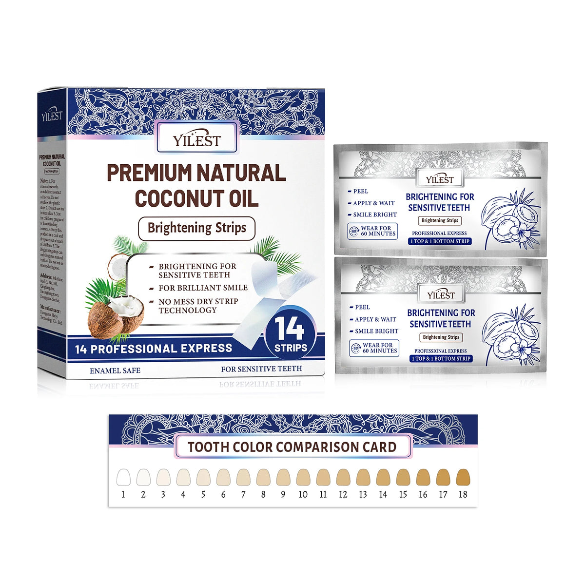 Caja de tiras aclarantes de aceite de coco natural YILEST Premium y tarjeta de comparación de color dental