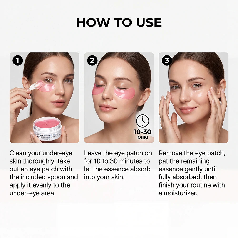 Instructions showing how to use nourishing eye mask patches for under-eye care.
