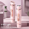 A pink 2-in-1 electric shaver and trimmer device standing on a white surface.