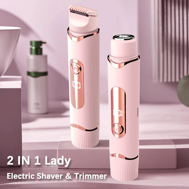 A pink 2-in-1 electric shaver and trimmer device standing on a white surface.