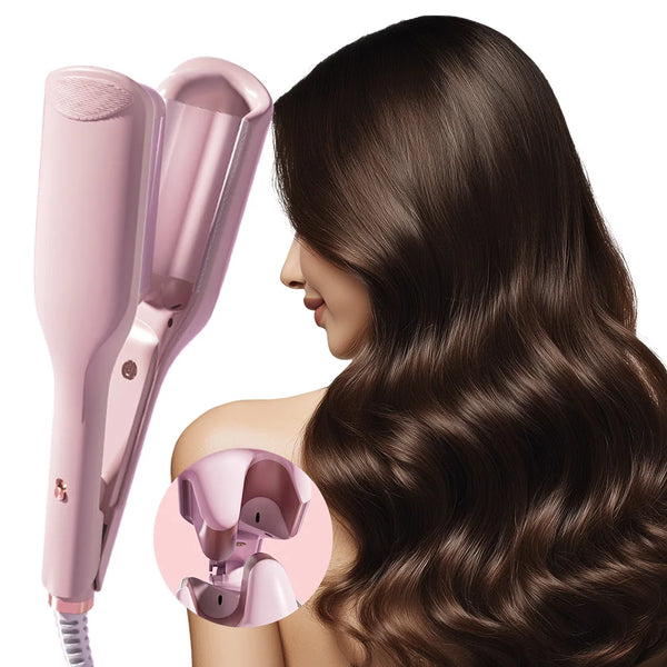 A woman's hair is being curled using a pink deep wave curling wand with negative ion technology.