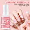 A bottle of Mischeering Nail Glue brush-on product shown next to manicured fingers applying the glue for art.