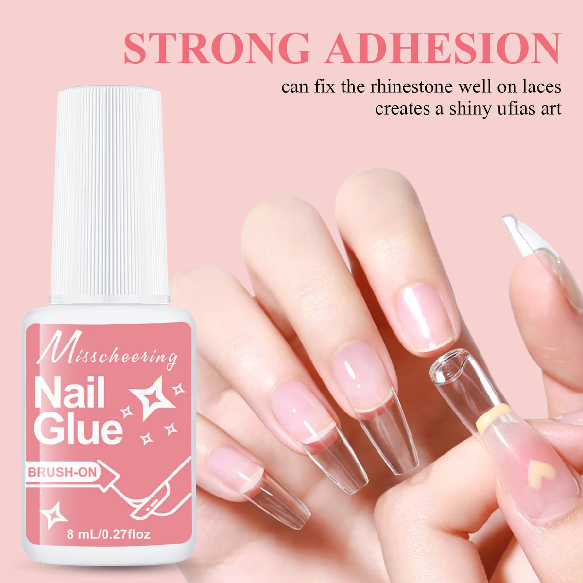 A bottle of Mischeering Nail Glue brush-on product shown next to manicured fingers applying the glue for art.
