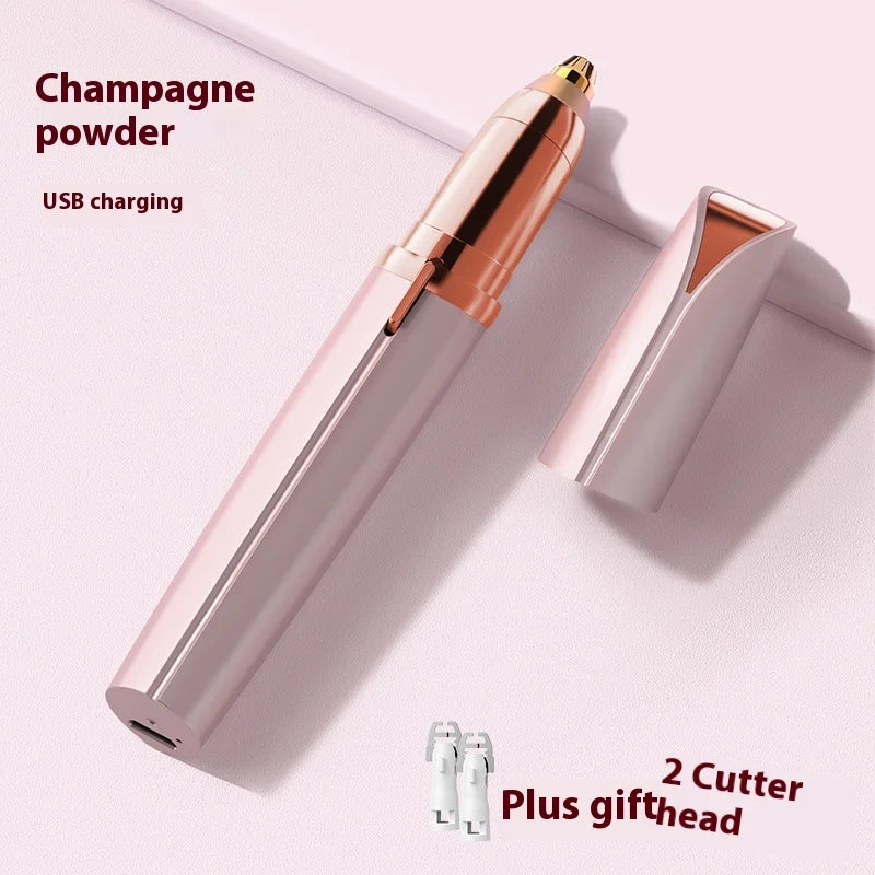 A pink electric eyebrow trimmer with a gold tip and a separate cutter is shown on a light background.