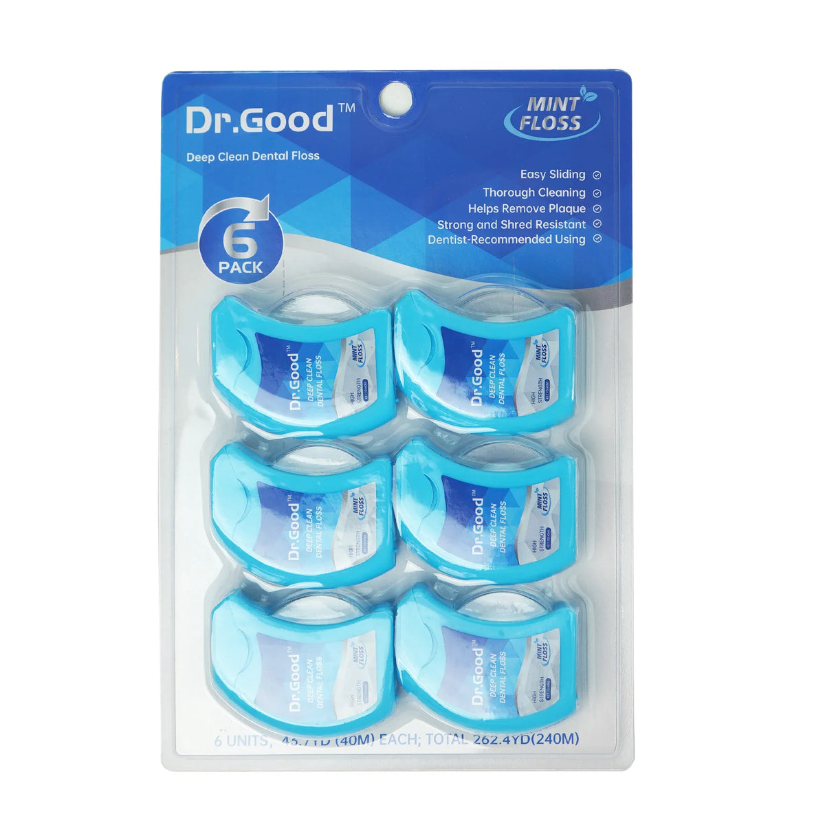 A pack of six Dr.Good mint floss dental cleaning sticks in a clear plastic container.