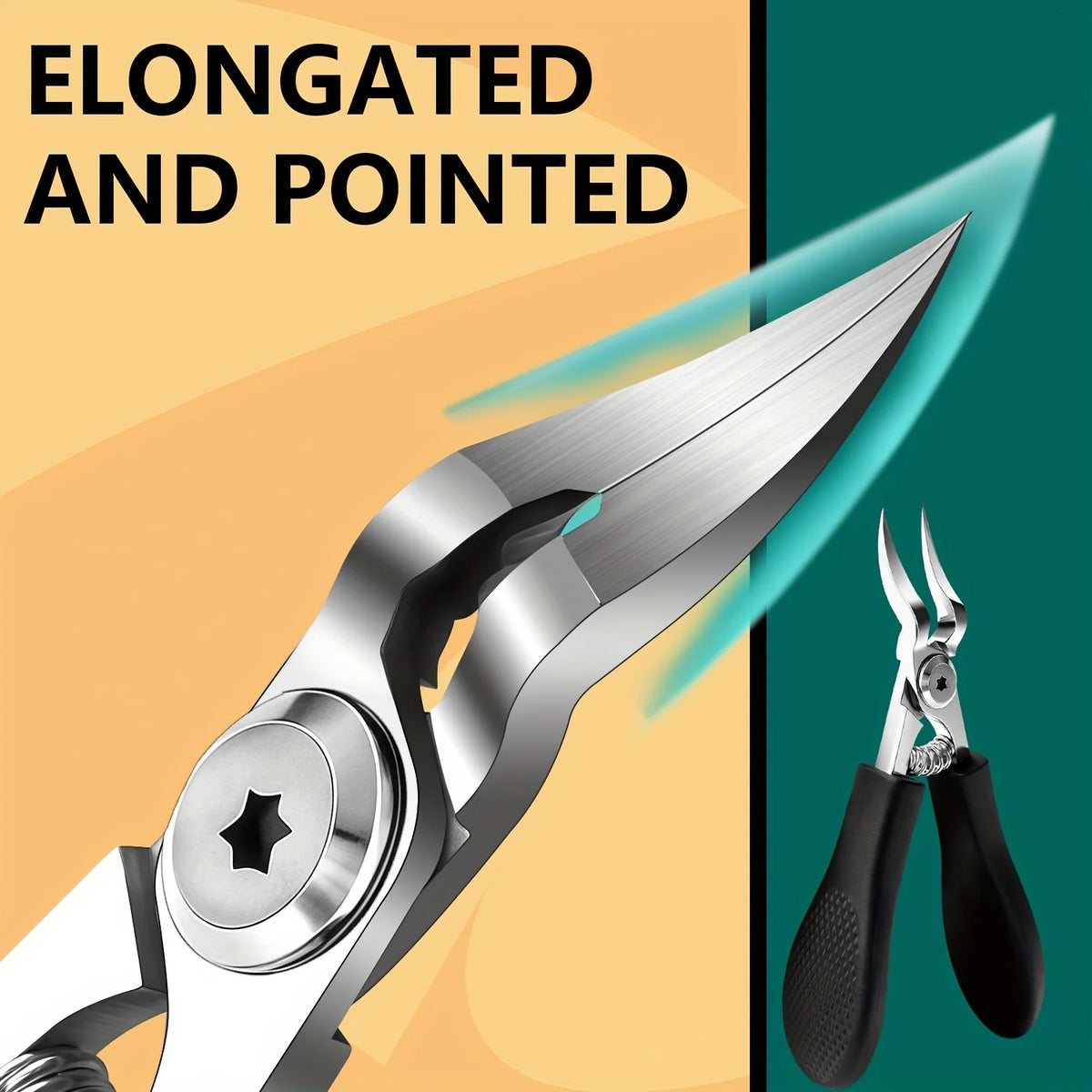 A close-up view of an elongated and pointed stainless steel nail clipper with a bright blue light effect.