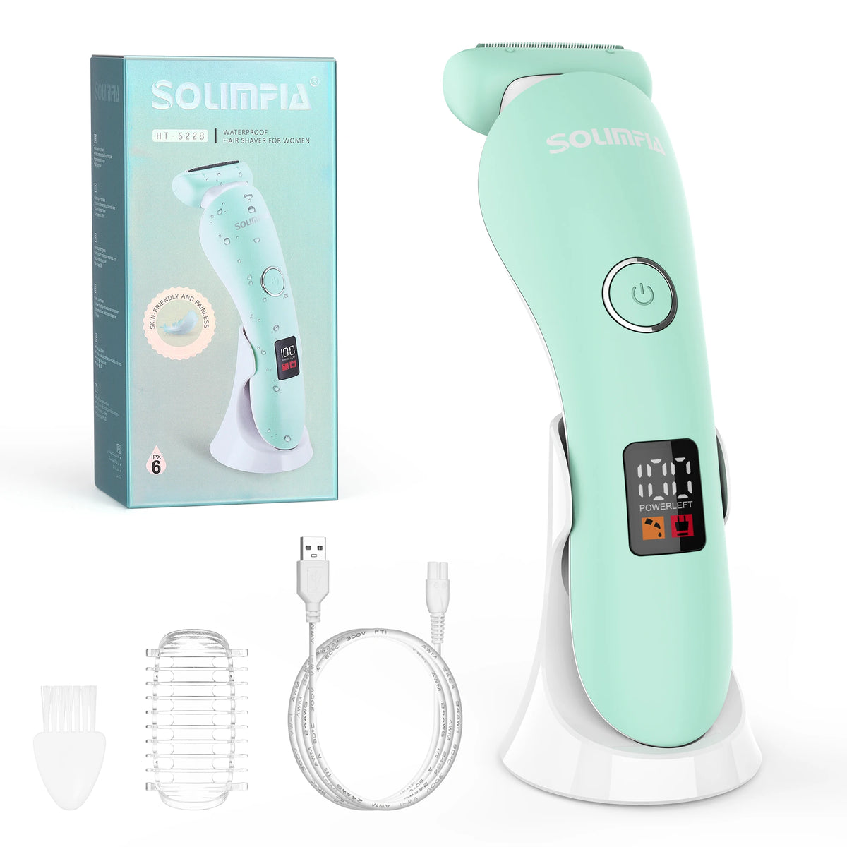 A light green electric hair remover device shown with its components including a plug, cord, and replacement head.