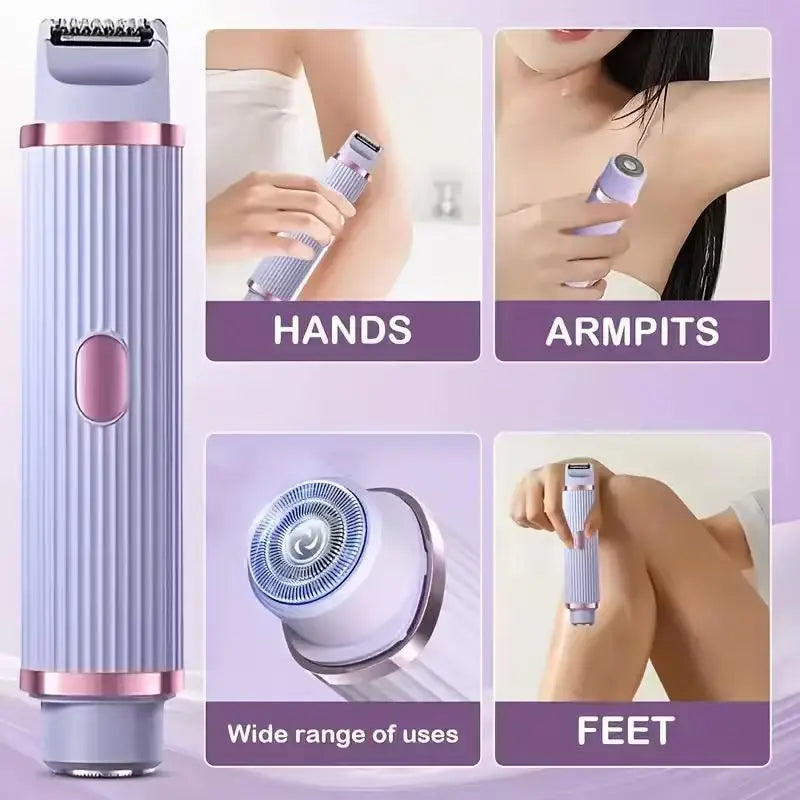 Portable dual-head electric shaver shown in various usage contexts including hands, armpits, and feet.
