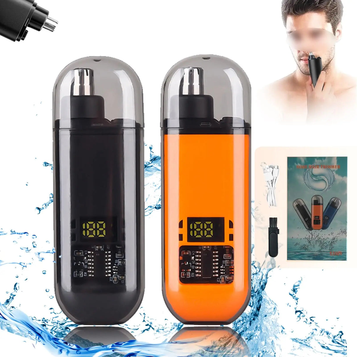 Portabler elektrischer Nasen- und Ohrhaartrimmer in Schwarz und Orange vor Wasserhintergrund.