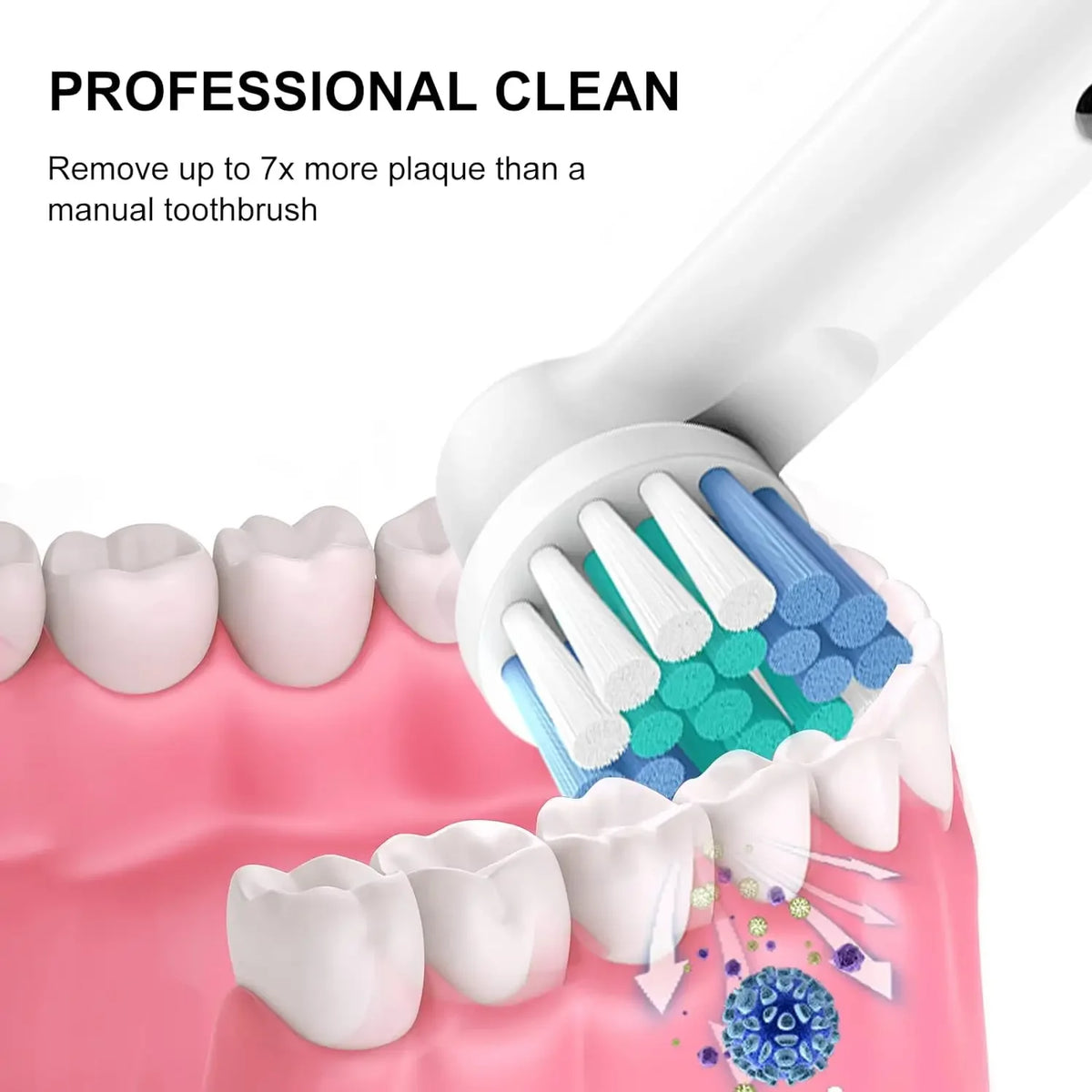 A close-up of a white brush head being used on a pink dental model, demonstrating professional cleaning.