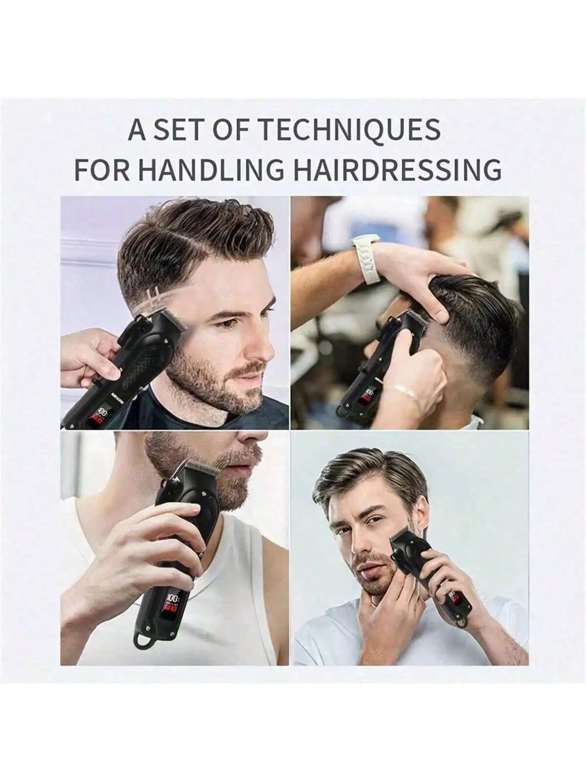 Set an Techniken für das Frisieren, das verschiedene Haarscher- und Bartpflegewerkzeuge zeigt.