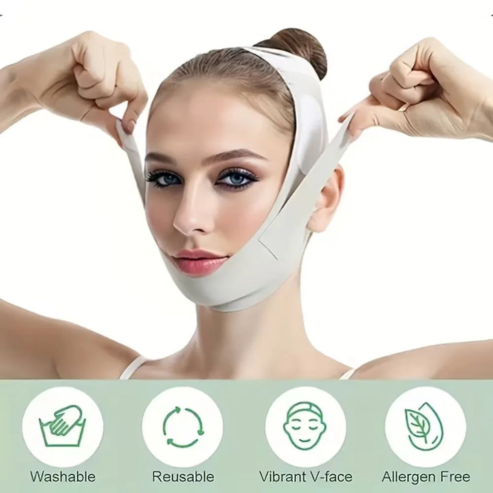A woman is wearing an adjustable facial lifting strap for contour definition on her face.