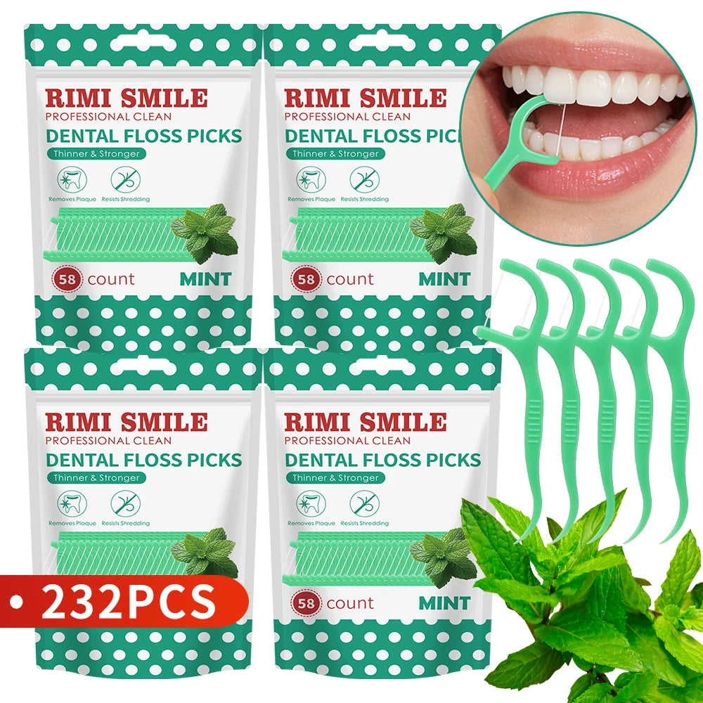 Pack of three Rimi Smile professional clean dental floss picks in mint flavor with a green portable case