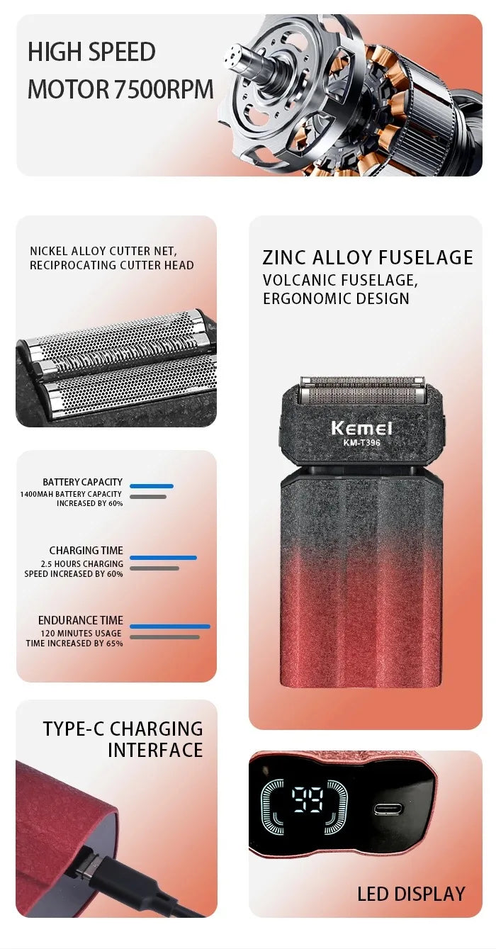 A cordless rechargeable electric foil shaver featuring a high-speed motor, zinc alloy fuselage, and Type-C charging interface