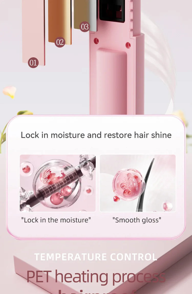 Pink portable dual-switch hair straightener and curler with temperature control features