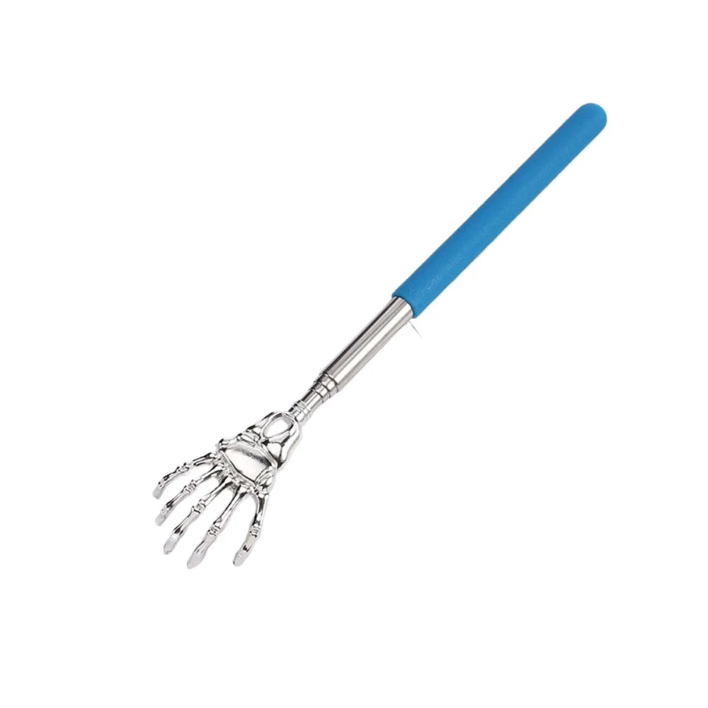 A blue telescoping stainless steel back massager with a flexible hand grip.