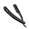 A black professional stainless steel straight edge barber razor with a curved handle.