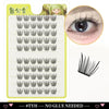 A sheet of artificial eyelash extensions showing various lash styles and an example of a natural eye.