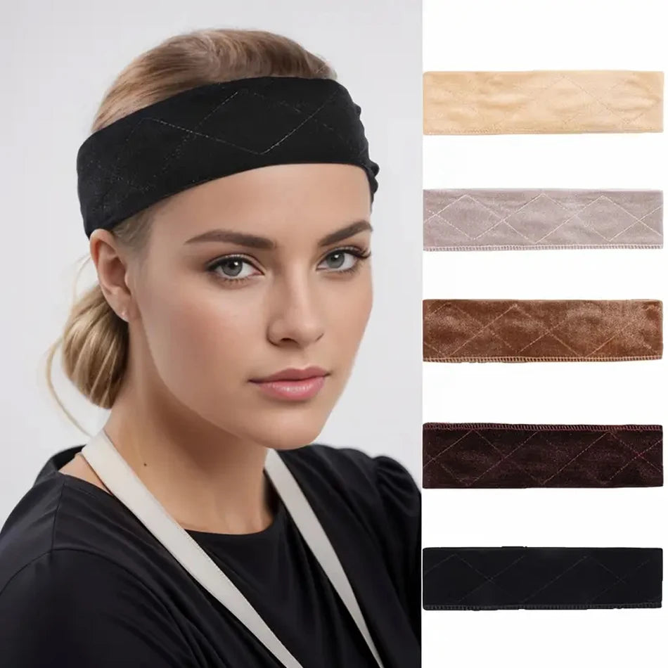 A woman models a black adjustable no-slip wig grip headband with various suede color options.