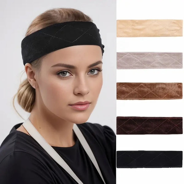 A woman models a black adjustable no-slip wig grip headband with various suede color options.