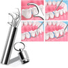 A set of reusable aluminum toothpicks and dental tools shown with various cleaning applications on teeth models.