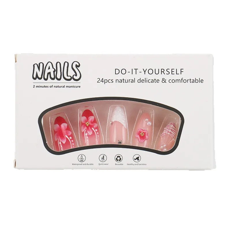 Boîte de clous pour bricolage avec 24 ongles press-on roses naturels, délicats et confortables