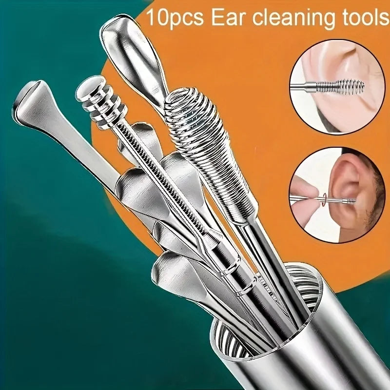 Vue rapprochée d'un kit de cure-oreilles en acier inoxydable avec plusieurs embouts et un tube de rangement.