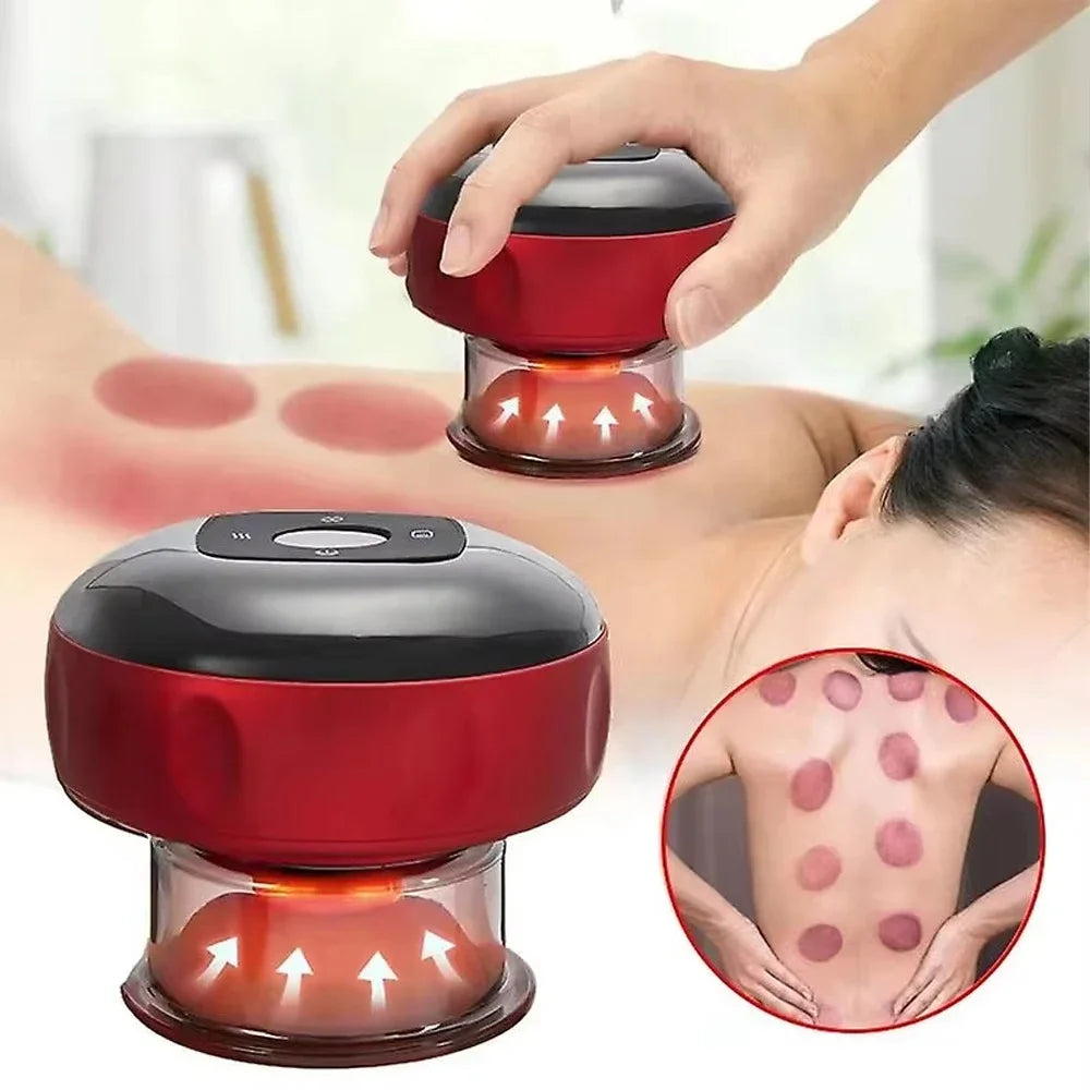 A hand is using a red electric cupping device on a person's skin for massage.