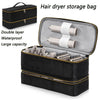 A black storage bag with a lid is shown, containing hair dryers and styling tools.