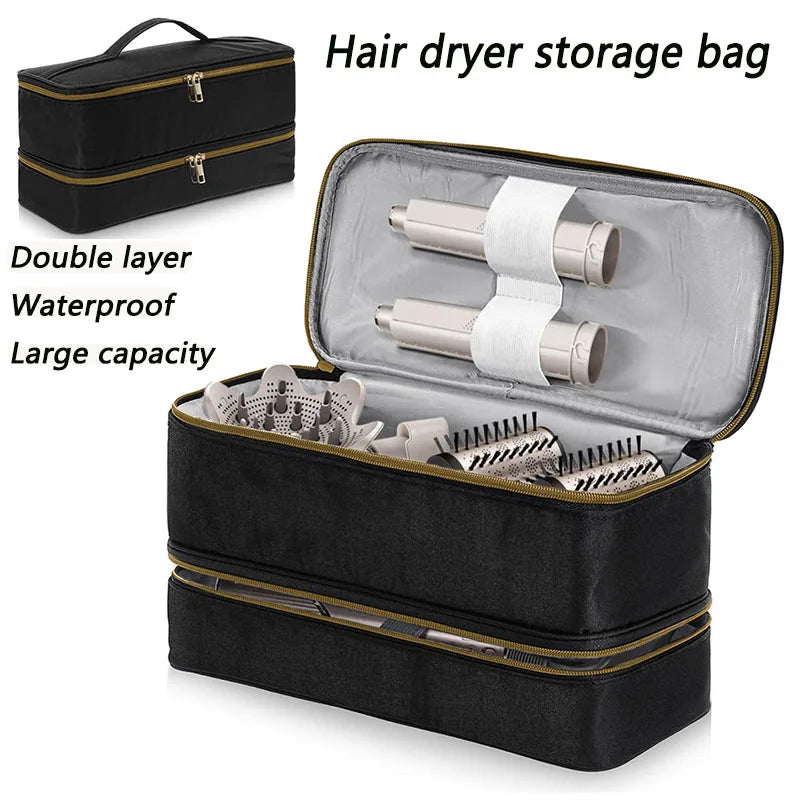 A black storage bag with a lid is shown, containing hair dryers and styling tools.