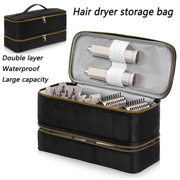 Sac de rangement noir à couvercle contenant des sèche-cheveux et outils de coiffure.