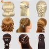 Various styles of blonde and brown hair extensions and braids displayed on a mannequin head.