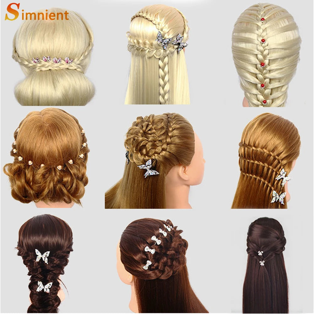 Various styles of blonde and brown hair extensions and braids displayed on a mannequin head.