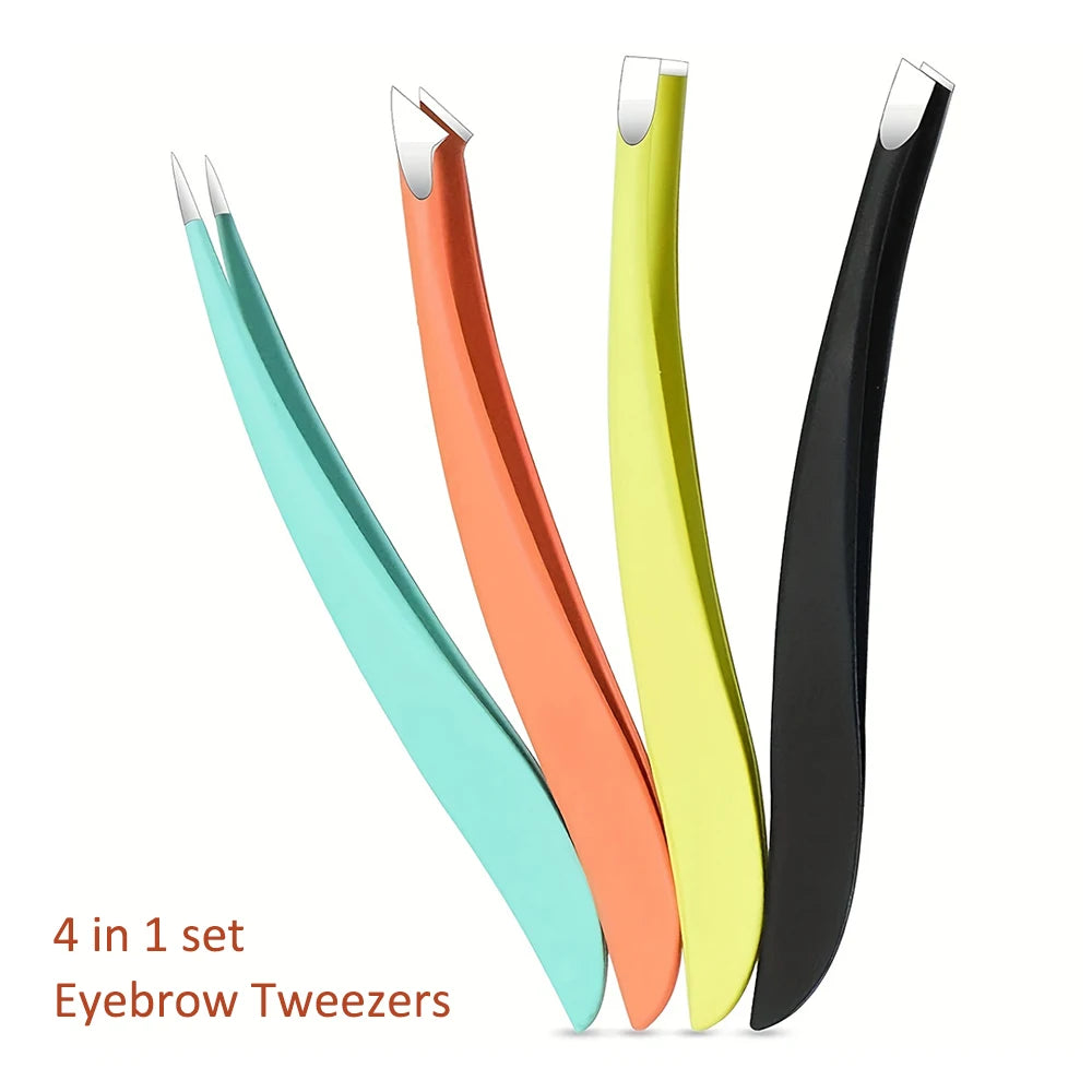 Precision Stainless Steel Eyebrow Tweezers Set (4 Pcs)
