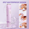 A pink electric body hair trimmer demonstrating an IPX7 waterproof design with water splashing around it.