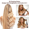 3D floating plates hair straightener and curler 2 in 1 device shown with long blonde hair