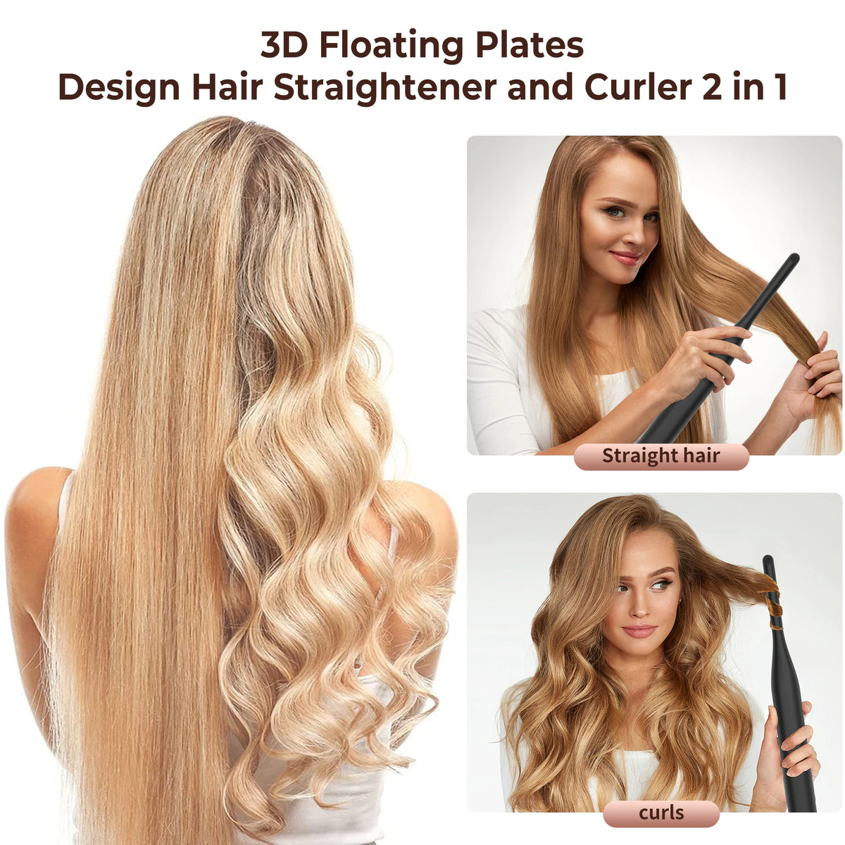 3D floating plates hair straightener and curler 2 in 1 device shown with long blonde hair